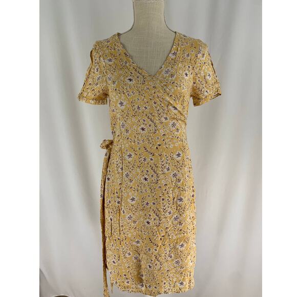 Roxy Floral Short Sleeve Wrap Mini Dress Womens Small Yellow New - Picture 1 of 12